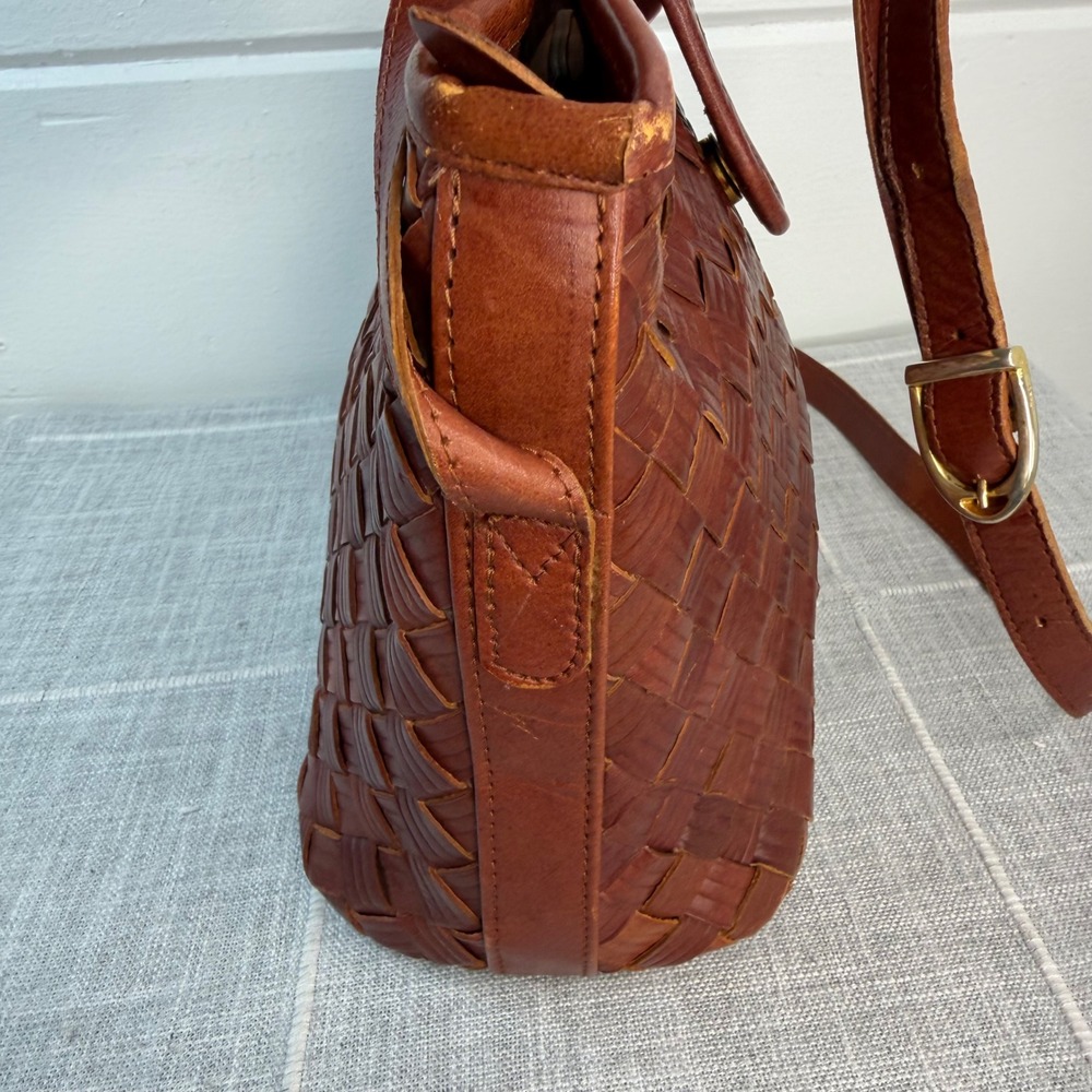 Vintage Woven Leather Crossbody Bag Brown Made in India Boho Basketweave Cottage - Picture 4 of 11